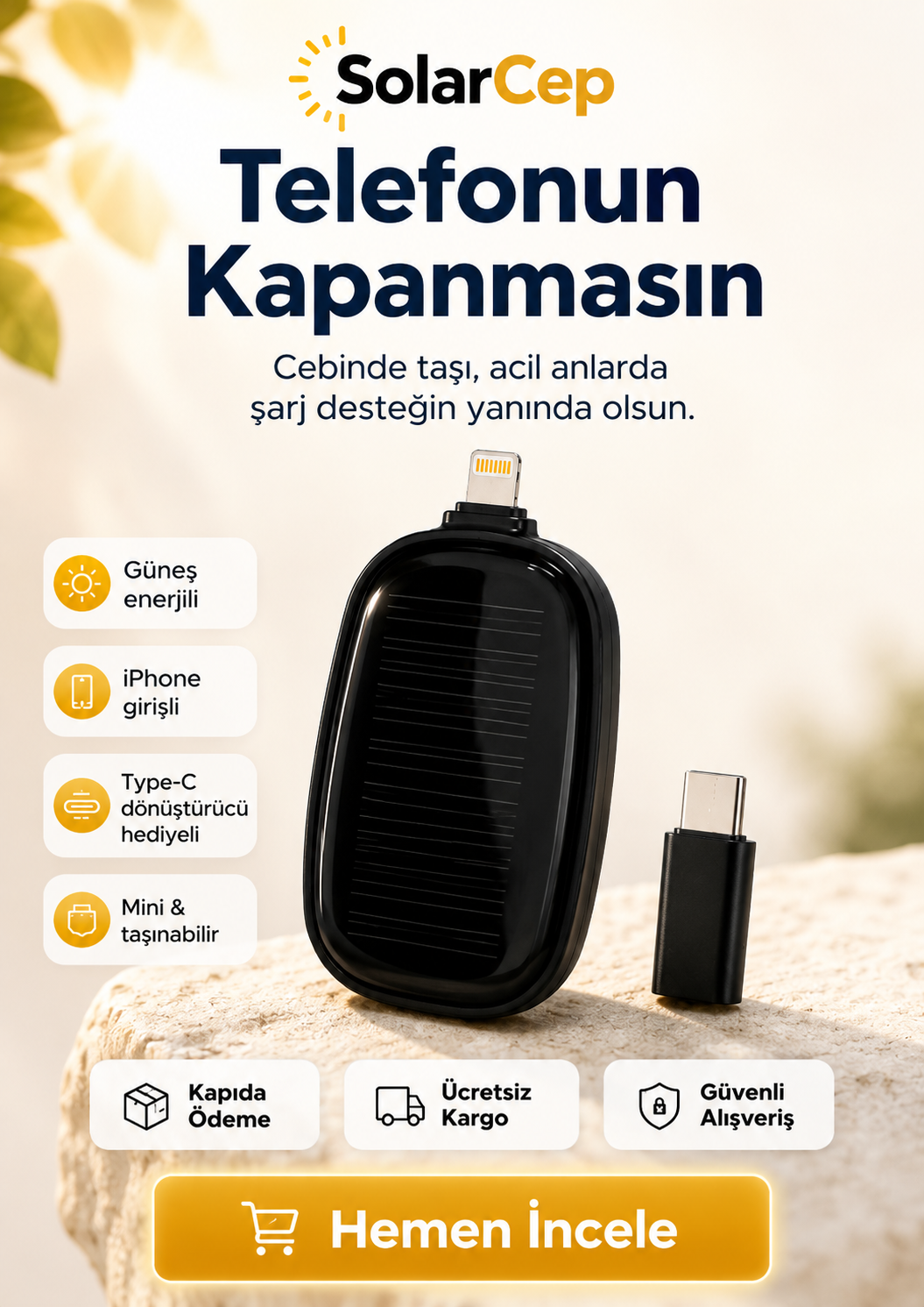 SolarCep Mini Güneş Enerjili Acil Şarj Cihazı
