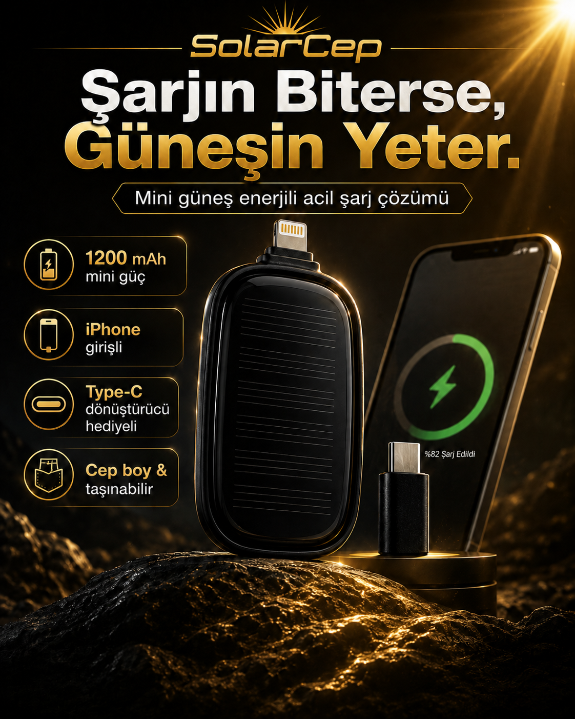 SolarCep Mini Güneş Enerjili Acil Şarj Cihazı